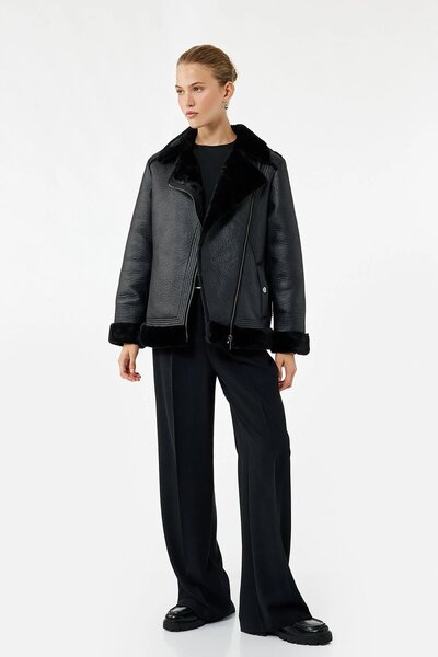 Koton Women's Plush Lined Long Sleeve Collar Faux Fur Double Breasted Leather Look Jacket 6Wak