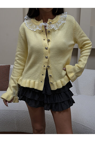 KENZA'A TRİKO Cardigan tricotat cu nasturi în față și detaliu din dantelă la guler
