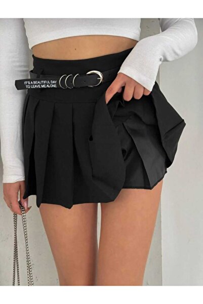 caddebutik20 Μίνι φούστα με πλισέ και λεπτομέρεια ζώνης