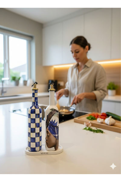 Mes Reves 750 ml Handmade Blue Checkerboard and Portrait Patterned Set of 2 Glass Oil Bottles – Royal Style Decor