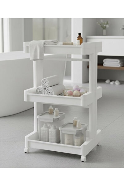 Noor 3-Tier Multi-Purpose Storage Trolley Organizer, White Plastic, with Wheels, 36*38*70