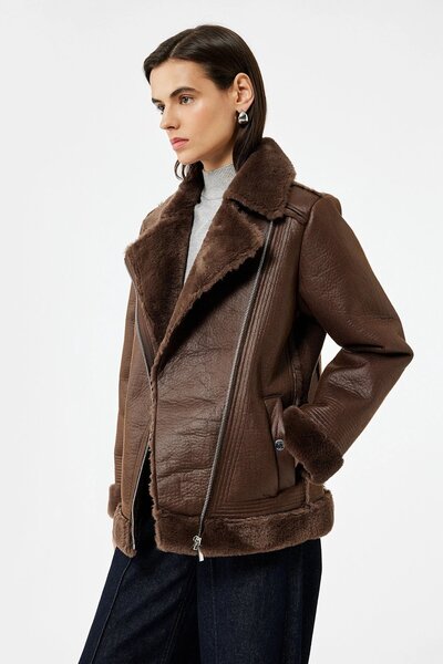 Koton Дамско яке с дълъг ръкав, подплатено с флис, с яка и изкуствена кожа, с кръстосан дизайн, с кожен вид 6WAK