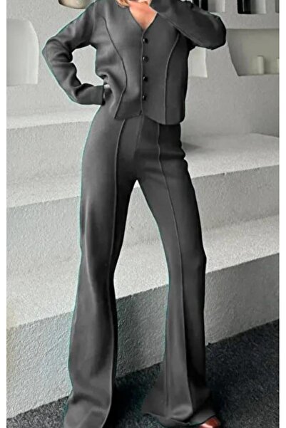 Fua Shop Women's V-Neck Buttoned Double Knitwear Set