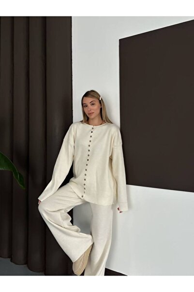 GİYSİ DÜNYASI 57 Triko Fabric Full Buttoned Blouse and Pants 2-Piece Set