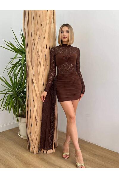 Coral Tül Dantel Detaylı Mini Elbise 20007 Kahve