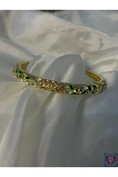 uyguntakıaksesuar سوار ذهبي مطلي بالمينا بنقشة زهور خضراء وشامبانيا – أنيق وم...