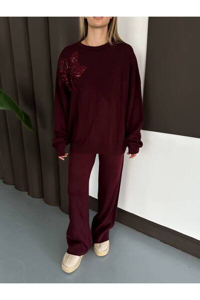 GİYSİ DÜNYASI 57 Triko Kumaş İşlemeli̇ Kazak Pantalon 2 Li̇ Taki̇t