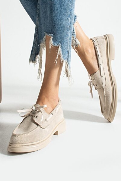 Alsat Park Kadın Bağcıklı Günlük Loafer Ayakkabı-Bej Süet
