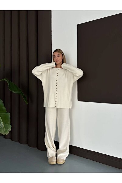 GİYSİ DÜNYASI 57 Triko Fabric Full Buttoned Blouse and Pants 2-Piece Set