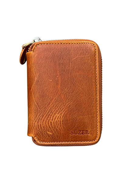 S.S SÜZER DERİ Zipper Lock Mini Size Unisex Genuine Leather Sports Wallet Carzy Taba