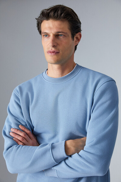 GRIMELANGE Travis Men's Organic Fabric Soft Regular Fit Round Neck Dark Blue Sweatshirt