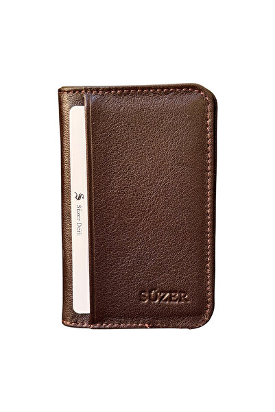 S.S SÜZER DERİ Mini Size Double Fold Slim Basic Model Genuine Leather Credit Card Holder Brown