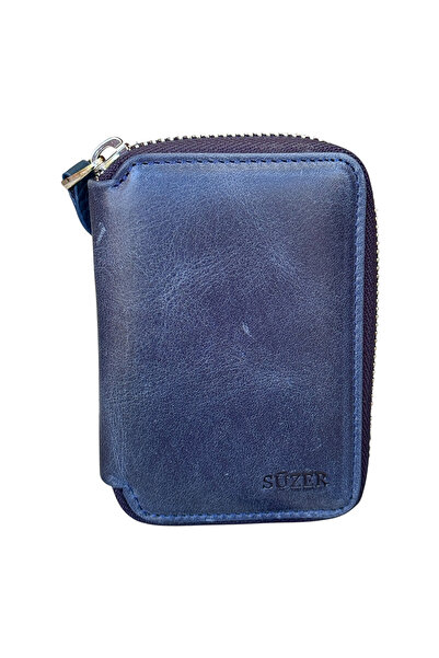 S.S SÜZER DERİ Zipper Lockable Mini Size Unisex Genuine Leather Sports Wallet Carzy Navy Blue