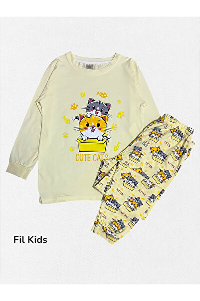 elmas kids Kız Çocuk %100 Pamuklu Penye Kumaş Sarı Kedi Pati Desenli Uzun Kollu Mevsimlik Pijama Takımı