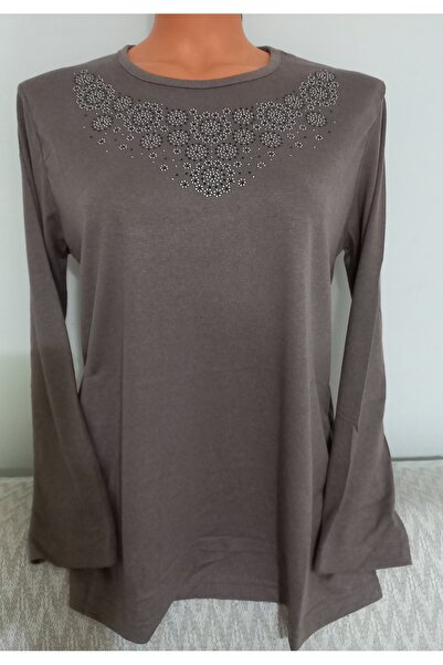 Anne Er Clothing Winter Cotton Combed Cotton Blouse Long Sleeve Crew Neck Stone Beige