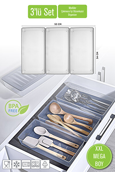 VİGENTİNO XXL 3'lü Mega Boy Modüler Kaşıklık Seti - Mutfak Düzenleyici Çekmece İçi Organizer