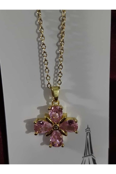 ASG Kolye Pembe Taşlı Çiçek Çelik Kolye