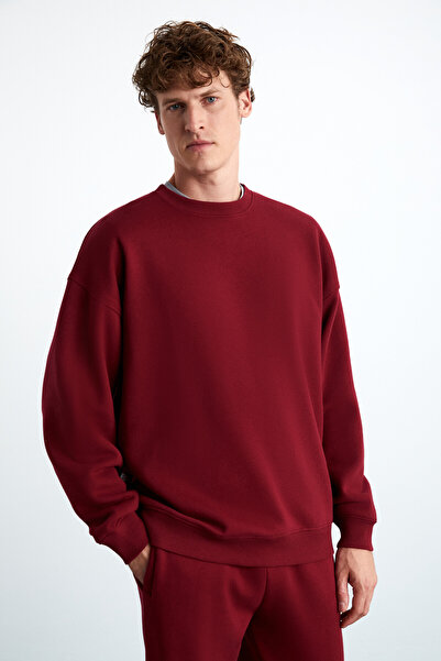 GRIMELANGE Stephan Erkek Yumuşacık Kumaşlı organik Pamuklu Oversize Fit Yuvarlak Yakalı Kırmızı Sweatshirt