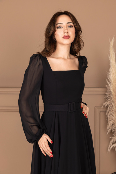 BEYBOS Şifon Krep Kumaş Kare Yaka Midi Elbise - SİYAH