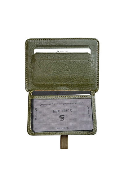 S.S SÜZER DERİ Elastic Two-Layer Mini Size Thin Slim Basic Model Genuine Leather Credit Card Holder Khaki