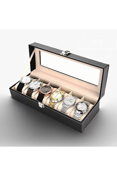 İsdeksan Deri Kaplama, içi süet, 6 bölmeli saat kutusu, saat çantası