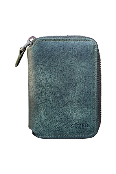 S.S SÜZER DERİ Zipper Lock Mini Size Unisex Genuine Leather Sports Wallet Carzy Khaki