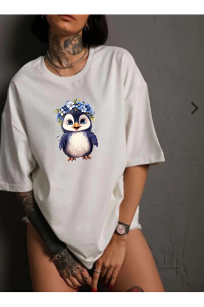 TİMİSİVA تي شيرت أبيض بأكمام قصيرة وياقة دائرية مطبوع عليه PENGUEN للجنسين مص...