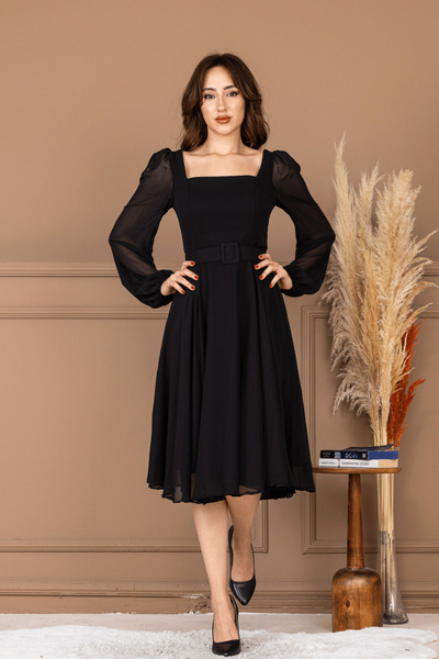 BEYBOS Şifon Krep Kumaş Kare Yaka Midi Elbise - SİYAH