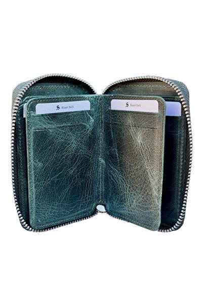 S.S SÜZER DERİ Zipper Lock Mini Size Unisex Genuine Leather Sports Wallet Carzy Khaki