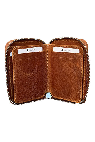 S.S SÜZER DERİ Zipper Lock Mini Size Unisex Genuine Leather Sports Wallet Carzy Taba