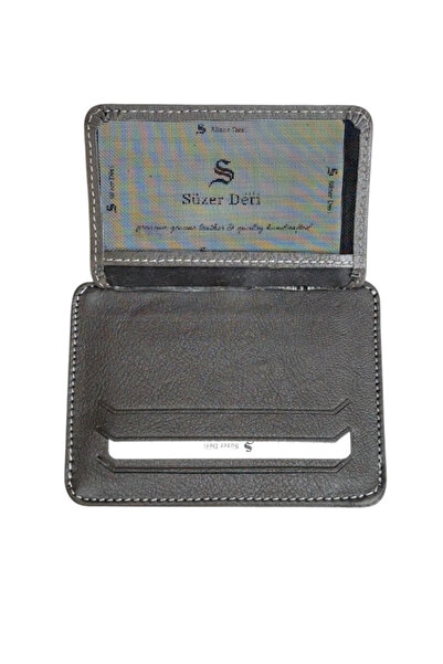 S.S SÜZER DERİ Elastic Two-Layer Mini Size Thin Slim Basic Model Genuine Leather Credit Card Holder Gray