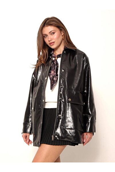 Coral جاكيت جلد طويل مع جيوب 0614 أسود