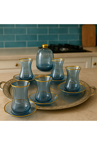 Elta Collection 13 Parça Mavi Lüster Altın Yaldızlı Cam Çay Seti – 6 Kişilik Çay Takımı Şekerlik Hediyeli