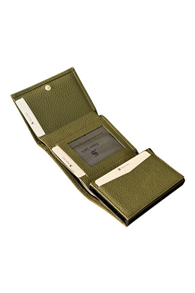 S.S SÜZER DERİ Genuine Leather Automatic Mechanism Credit Card Holder Khaki