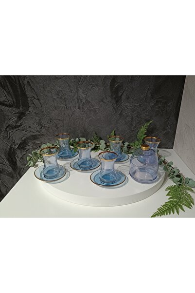 Elta Collection 13 Parça Mavi Lüster Altın Yaldızlı Cam Çay Seti – 6 Kişilik Çay Takımı Şekerlik Hediyeli