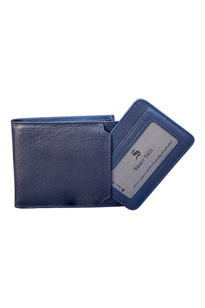 S.S SÜZER DERİ Detachable Card Holder Horizontal Classic Model Genuine Leather Men's Wallet Navy Blue