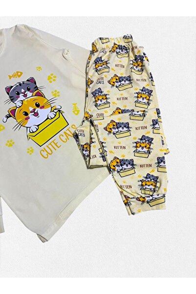 elmas kids Kız Çocuk %100 Pamuklu Penye Kumaş Sarı Kedi Pati Desenli Uzun Kollu Mevsimlik Pijama Takımı