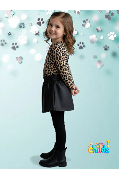 childs Top and Bottom Set Leopard Long Sleeve Top Shiny Inside Furry Leather Look Black Mini Skirt