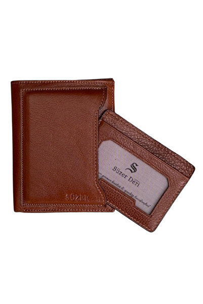 S.S SÜZER DERİ Vertical Model Genuine Leather Men's Wallet with Detachable Card Holder, Brown