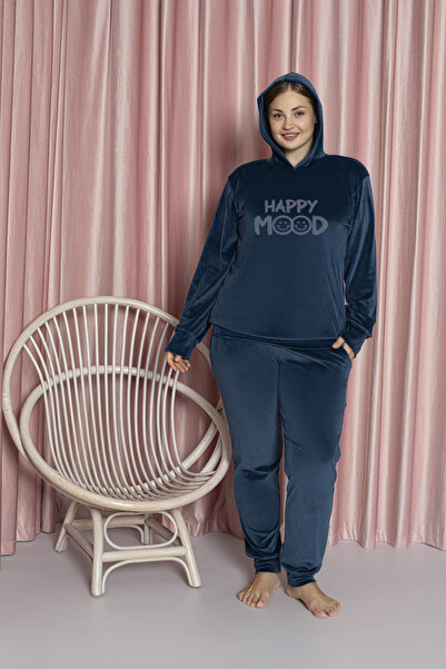 MOPİ Plus Size Velvet Hooded 2 Piece Pajama Set