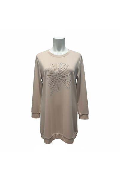 ALEYNA GİYİM Kadın Bej Taş Detaylı Uzun Kollu Sweat Tunik – Rahat Kesim Günlü...