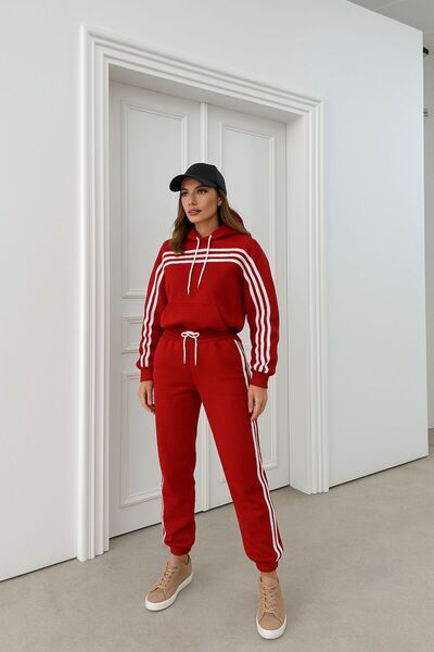 ANATOLIATEKSTILE 🧥Cotton sports set – red (with white stripes)