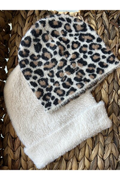 Store Leopar & krem renk premium Angora kışlık şapka