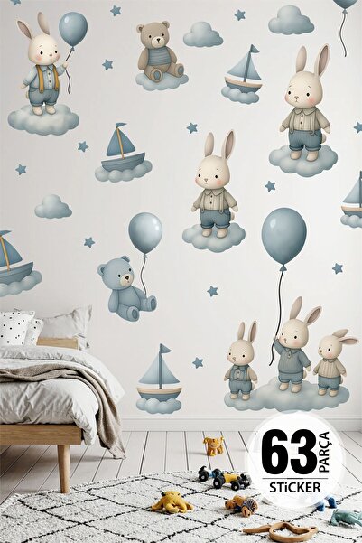 TUGİBU Masalsı Tavşanlar Duvar Sticker Seti, Sevimli Tavşanlar ve Ayıcık Stic...