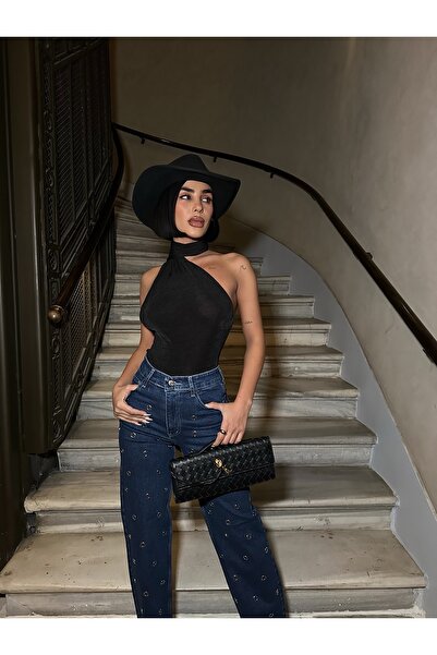 Diviny Γυναικείο τζιν παντελόνι με ψηλόμεσο μπλε ναυτικό μεταλλικό σχέδιο Palazzo