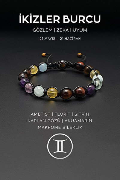 Seven Art Jewelry سوار مكرامية مصنوع يدويًا برج الجوزاء – مع أحجار الأكواماري...