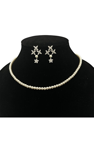 ElectraStore Opulent Silver Earrings and Imitation Pearl Necklace Set - C4293
