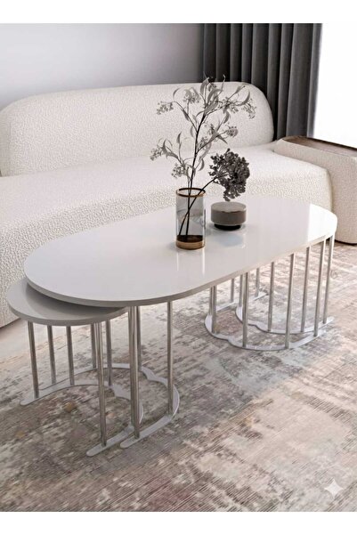 Nokta Sehpa Home 2+1 yavrulu oval orta sehpa metal gümüş tabla beyaz mdf