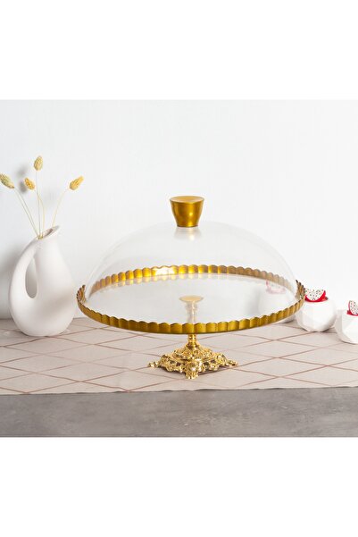 nevrin home collection "Paşabahçe Lüx Metal Ayaklı Yaldızlı Kek Fanus Pasta S...