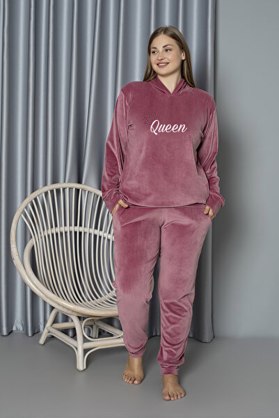 MOPİ طقم بيجامة مكون من قطعتين بغطاء رأس مخملي مقاس كبير